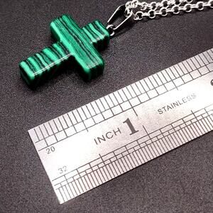 925 Silver Necklace W/ Green Malachite Stone Cross Anniversary Birthday Gift